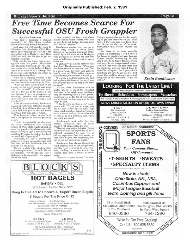 BSB Reprints Ohio State Wrestler Kevin Randleman Wins BackToBack